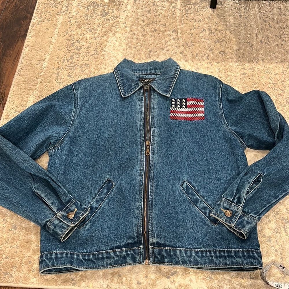 VTG Agapo Denimย Jacket W Embroidered Flag on Back, Zip Up size M EUCโ100% cotton